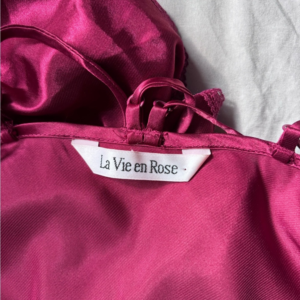 La Vie En Rose Satin Chemise Slip Dress with Lace - Deep Pink Red Size S - Picture 2 of 6